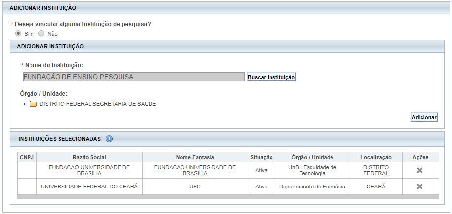 Após selecionar Instituição, clique em <Adicionar> Confirme os dados e atente-se aos departamentos, caso queira se vincular