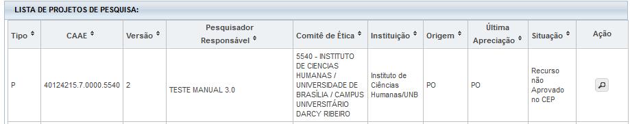 Após o CEP aceitar a documentação enviada, a situação do projeto será alterada para Em Apreciação Ética : O Projeto permanece nesta situação