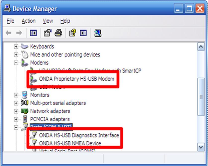 No gerenciador de dispositivos serão instalados três dispositivos: - Na aba Modem, será criado o dispositivo ONDA Proprietary HS- USB Modem.