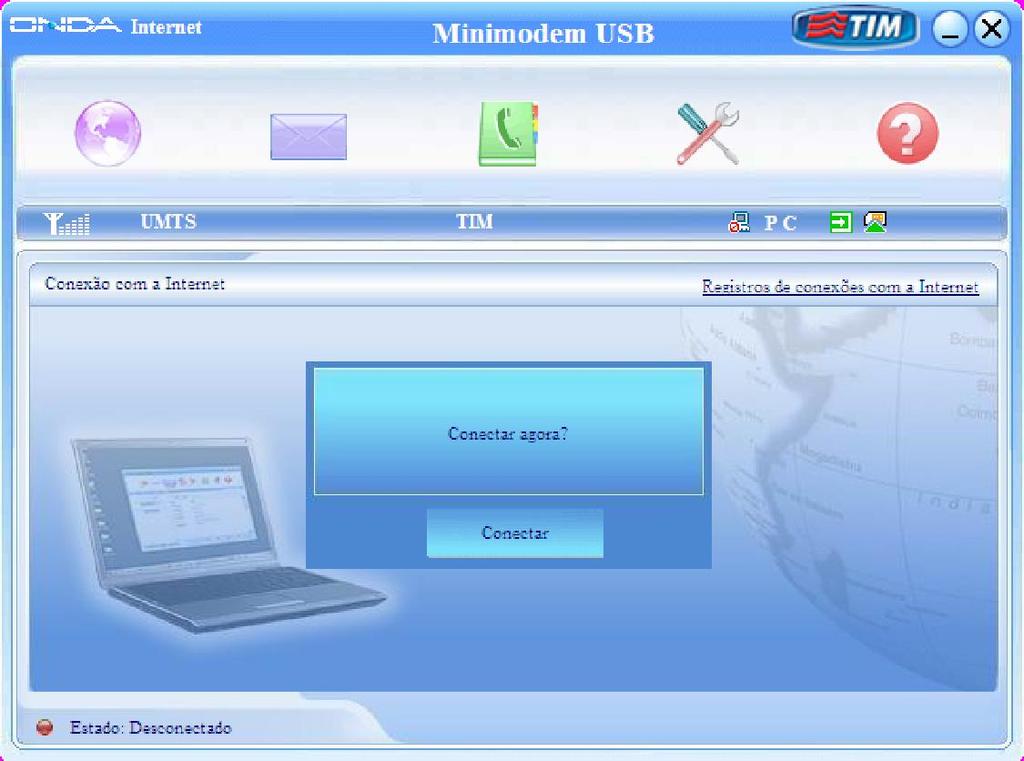 Menu principal do Minimodem USB - Windows Figura 9: Tela principal do discador - Windows Internet: Para conectar-se à Internet, selecione este ícone e em seguida clique em Conectar.