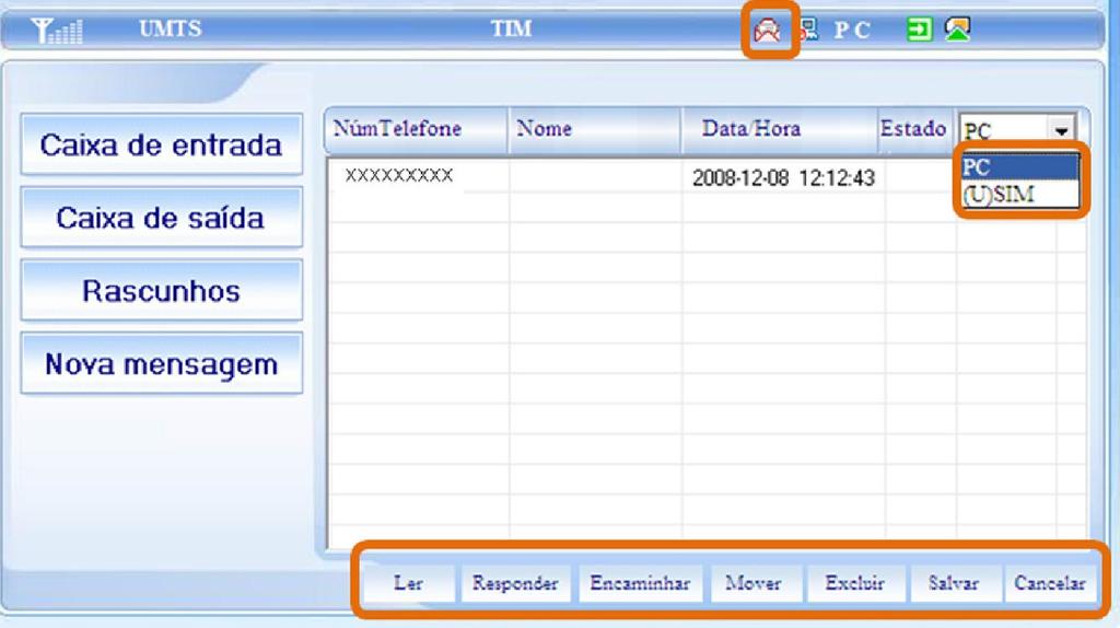 Função SMS TIM Torpedo / SMS: Acesse a leitura, envio e recebimento de mensagens SMS. (Você pode armazenar suas mensagens no seu PC (No próprio discador), e no cartão SIM).