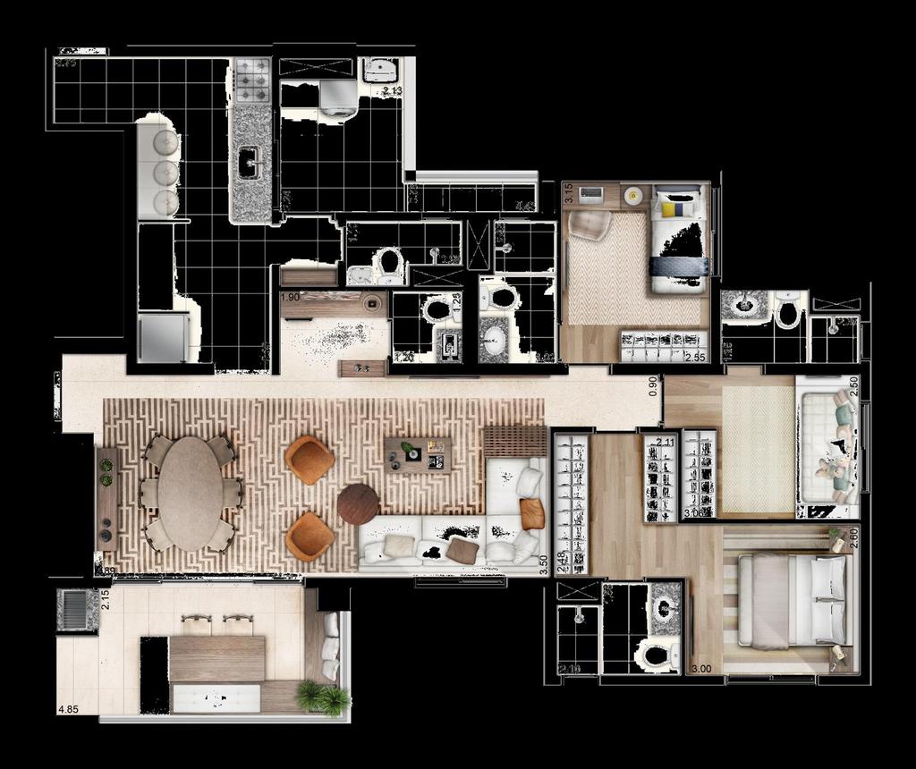 Planta Opção Decoração 129m² 3 suítes 2 ou 3 vagas (26 unids.