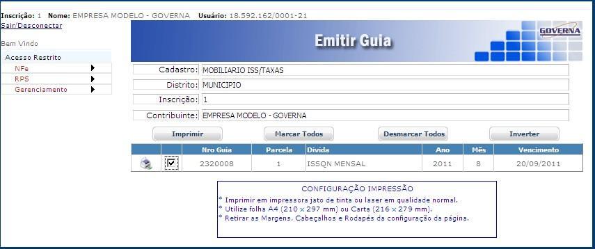 Após gerar abrirá uma nova janela, selecione a guia que deseja imprimir e clique no botão (imprimir).