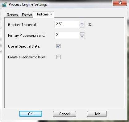 Geração do DTM a partir do módulo eate (11) Ative a aba Radiometry na opção Process Engine Settings - As opções usadas nesta aba controlam o processamento aplicado às imagens, antes de ser realizada