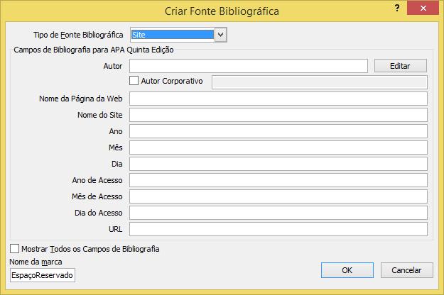 Neste item também temos a facilidade da Bibliografia Automática, vá para o Menu Referência, aba Citações e Bibliografia clique no botão Gerenciar Fontes Bibliográficas. Clique no botão Nova.