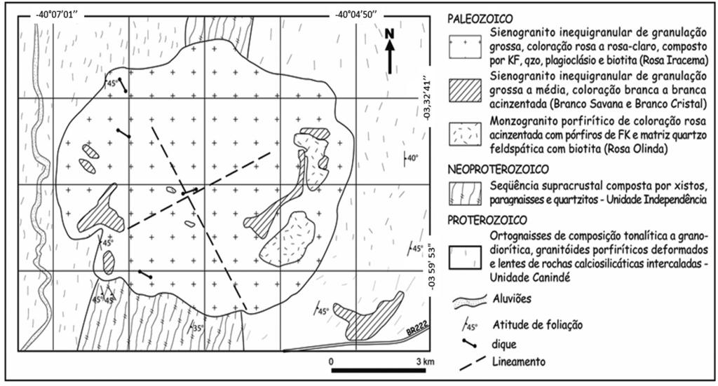 Há variações faciológicas mapeadas no SGSB interpretadas como devido a características texturais e cromáticas distintas, as quais permitem sua exploração como rocha ornamental (Fig. 2).