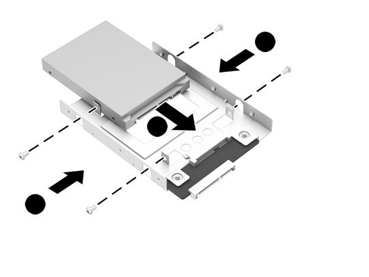 2. Aperte os quatro parafusos (2) para prender a unidade SSD (Solid State Drive), a unidade de autocriptografia (SED) ou a unidade SSHD (Solid State Hybrid Drive) de 2,5 polegadas ao adaptador de