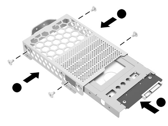 Deslize o adaptador da unidade de 2,5 polegadas para dentro do compartimento da unidade de disco rígido (1). 4.
