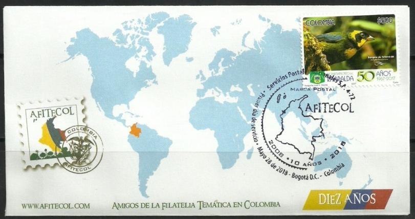 *10 ANOS DA AFITECOL- Em 28 de maio deste ano de 2018, o Portal Temático de Amigos da Filatelia na Colômbia - AFITECOL - celebrou 10 anos de atividade filatélica.