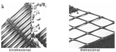 15 unidirecionais quando exibem resistência à tração apenas em uma direção e bidirecionais quando mostra elevada resistência à tração em duas direções (Figura 7). Figura 7 Geogrelhas.