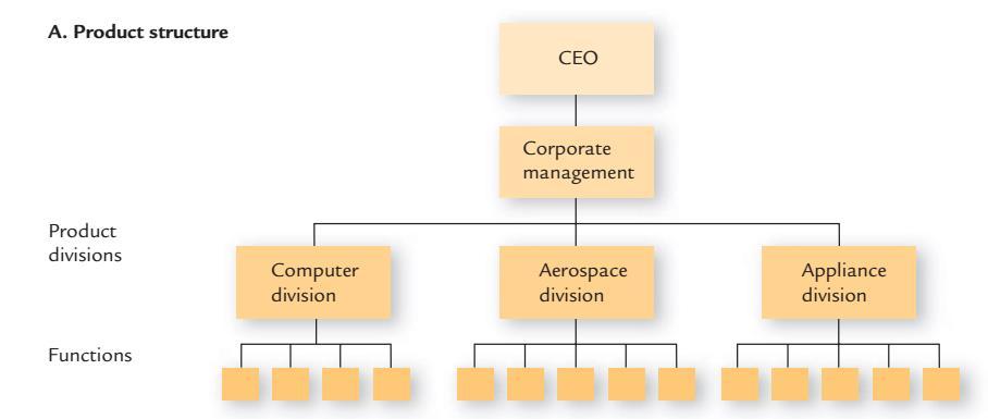 Exemplos de estrutura Estrutura baseada no Produto CEO Gestão Corporativa Divisões de Produtos Divisão Computadores Divisão Aeroespacial Divisão Equipamentos Funções Baseado em George, J.M.