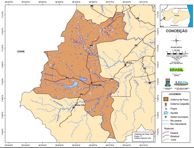 Conforme os dados analisados, o município de Conceição apresenta em seu território 484 corpos hídricos no total, configurando-se em sua maior parte como artificiais, dos quais apenas 3 são