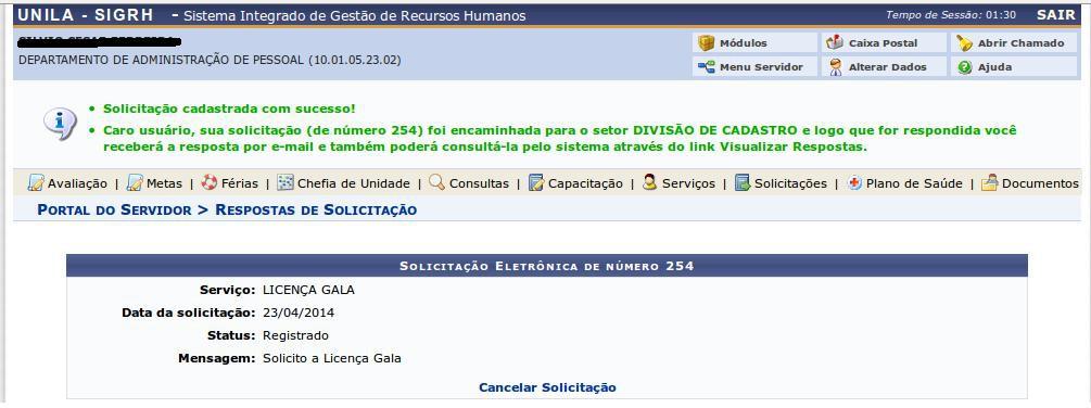 LICENÇA GALA Selecione o tipo de solicitação de serviço desejada <LICENÇA GALA>.