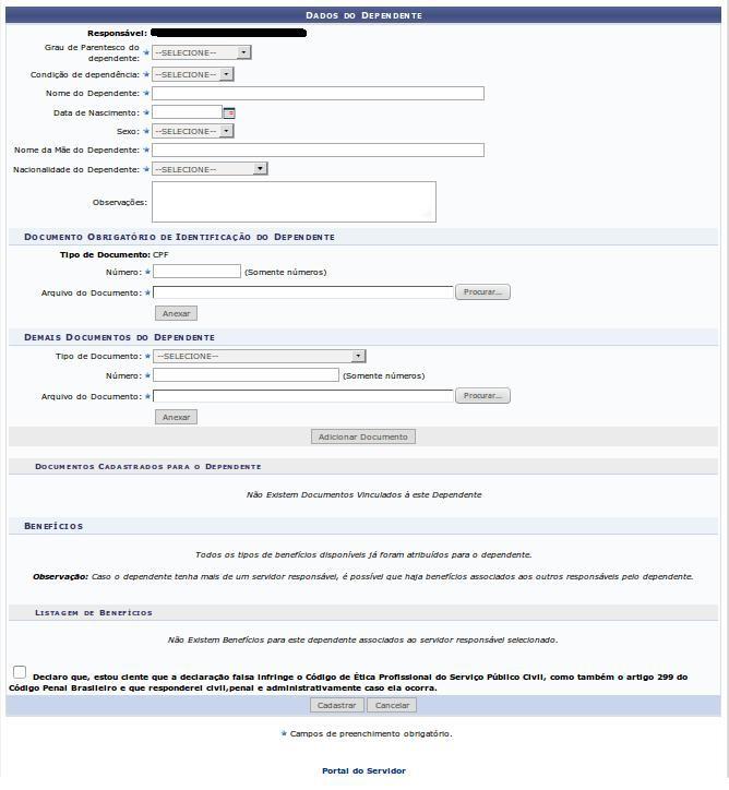 A página será redirecionada, aparecerá a tela de Dados do Dependente.