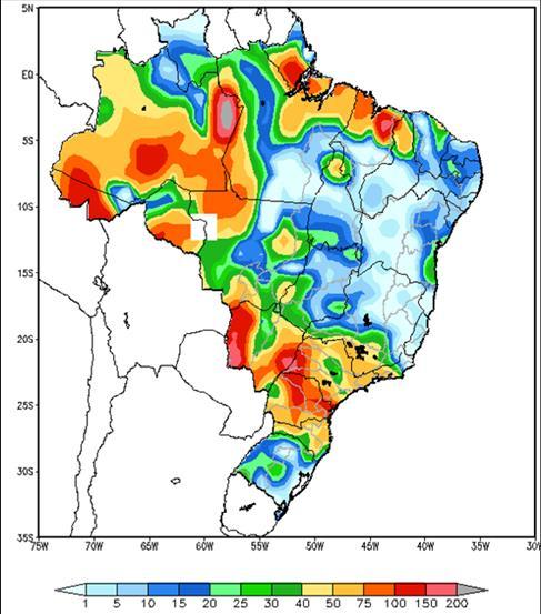 instabilidade, nas regiões Sul e Sudeste deve ocasionar chuva entre fraca e moderada nas bacias dos