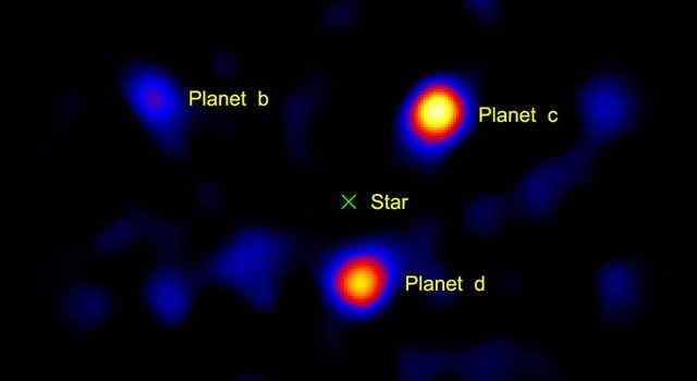 Imagem Sistema planetário em torno da estrela HR8799 a 120 anos luz da Terra.