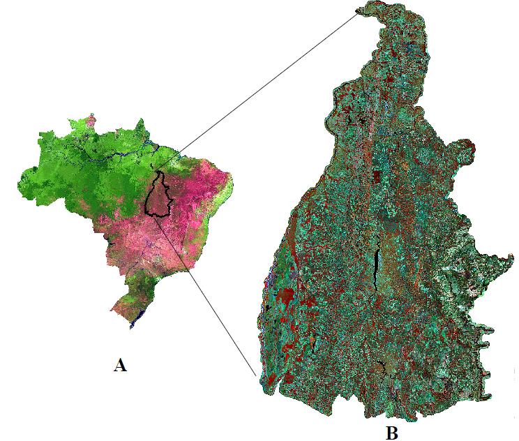 . Figura 1: Imagem Spot-Vegetation sobre o Brasil (A) e Landsat-TM destacando o estado de Tocantins (B). 3.