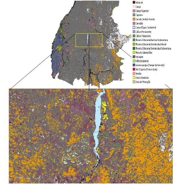 Observando a figura 4, nota-se na área detalhada (região de Palmas) que grande porção da área possui vegetação de cerrado sentido restrito com pastagens no entorno.