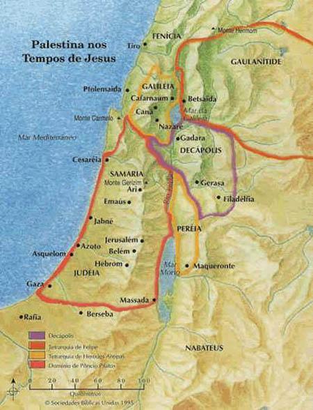 As Províncias de Israel no Tempo do Novo Testamento 1) A oeste do Rio Jordão: - Judéia (Arquelau e depois, Pôncio Pilatos) - Samaria