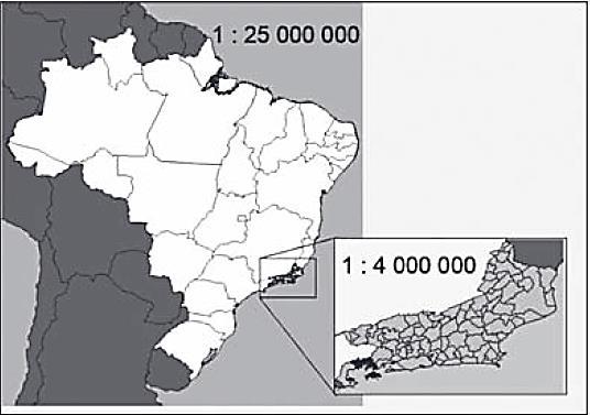 A figura apresenta dois mapas, em que o estado do Rio de Janeiro é visto em diferentes escalas.