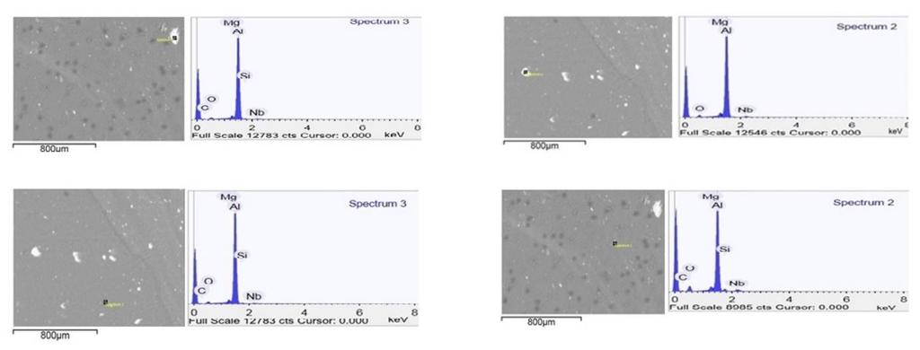 Figura 12. Pontos 1, 2, 3 e 4 da análise química. Tabela 2. Resultados obtidos através do MEV com recurso EDS.