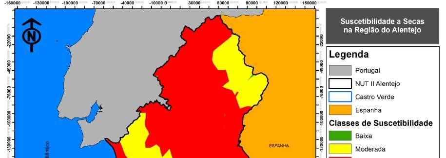 D) Secas Para analisar a suscetibilidade a secas foi efetuado um cruzamento cartográfico dos principais episódios de seca registados em Portugal, por forma a detetar o padrão de distribuição