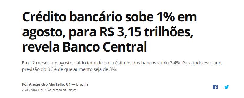 Título: Crédito bancário sobe 1% em agosto, para R$ 3,15 trilhões,