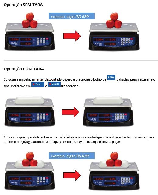 Operação SEM TARA Operação SEM TARA Operação COM TARA Coloque a embalagem a ser descontado o peso e pressione o botão de sinal indicativo e o display peso irá zerar e o Operação COM TARA irá acender.