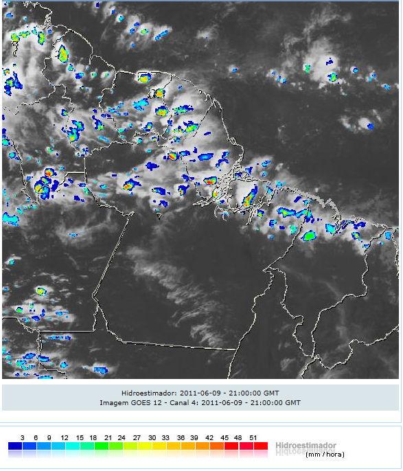 Figura 4. Intensidade de precipitação (mm/h) estimada por satélite sobre o Estado do Pará no dia 08 de junho de 2011 as 21:00 GMT. Fonte: DSA/INPE. Figura 5.