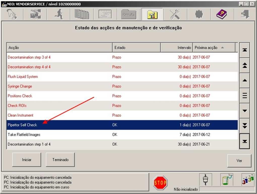 P. 4/15 Procurar a ação: PIPETTOR SELF CHECK Caso não encontre a ação, clicar nas setas laterais, para cima ou para baixo até localizar.