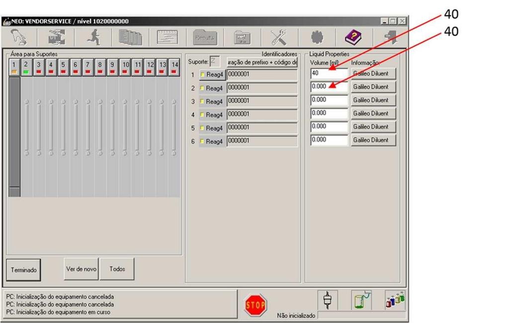 colocada de maneira correta na tela do NEO aparecerá às 06 posições que compõem a Rack de Diluente Clique na tela do NEO nas posições referentes às cubetas que foram