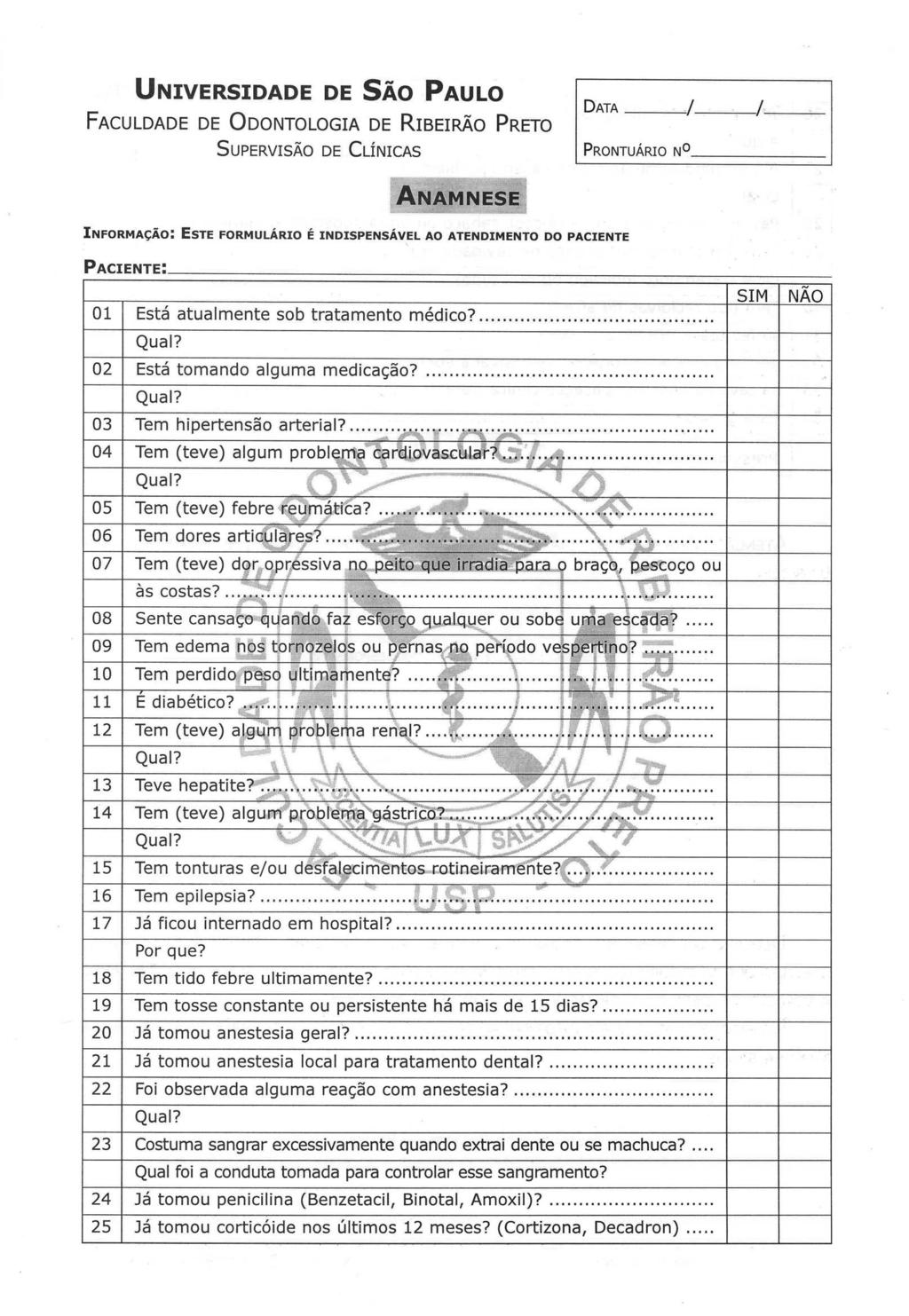 Anexos 137 Anexo B Ficha clínica adotada pela disciplina de Prótese