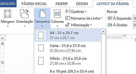 Desse modo, o resultado da impressão será o mesmo visualizado na tela do computador. DEFININDO TAMANHO DA PÁGINA O Word 2013 disponibiliza diversos tamanhos de papel para configuração dos documentos.