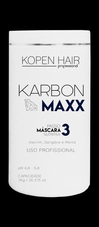 Máscara Nutritiva Karbon Maxx Kopen Hair (1kg) Com as etapas de limpeza do couro cabeludo e do fio concluídas, inicia-se a reposição hídrica, proteica e lipídica.