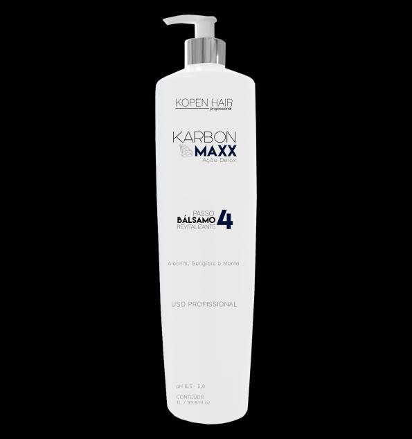 Bálsamo Revitalizante Karbon Maxx Kopen Hair (1L) Com extratos de gengibre associados a compostos nano tecnológicos que agirão como selante natural, o Bálsamo Revitalizante KARBON MAXX finaliza o