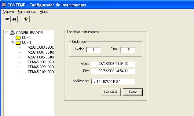 0 0 5.3.3 Localizando Instrumentos Para localizar os instrumentos conectados à rede RS485, posicione o mouse sobre o botão Localizar Instrumento e de um clique com o botão esquerdo.