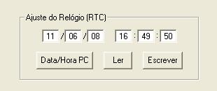 Ajuste do Relógio (RTC): possui 6 campos onde são mostradas a data e hora no formato: DD/MM/AA HH:MM:SS, onde: DD = dia; MM = mês; AA = ano; HH = hora; MM = minuto e SS = segundo.