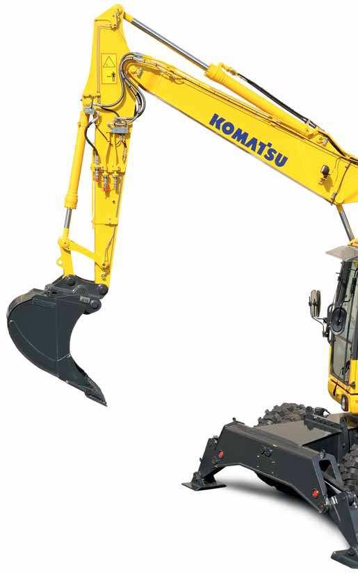 Num relance Os especialistas da Komatsu conceberam o equipamento PW148-8 com uma rotação da traseira drasticamente reduzida para satisfazer as exigências de segurança e de produtividade em qualquer