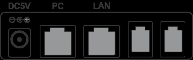 Conectores inferiores Conector 5V; Porta PC: para conexão ao computador; Porta LAN: acesso à rede interna (LAN); Portas com conector 4P4C (RJ9): conexão de fone de ouvido e de monofone