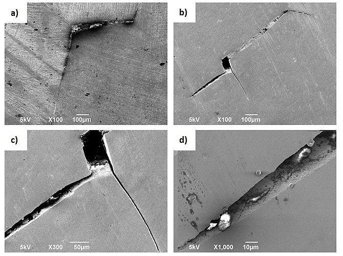 Para melhor análise do aspecto das fissuras encontradas nas amostras deformadas em 4 e 6 passes, foram obtidas imagens por microscópio eletrônico de varredura (MEV).