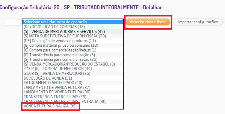 Escolher a natureza criada e associar classe fiscal.