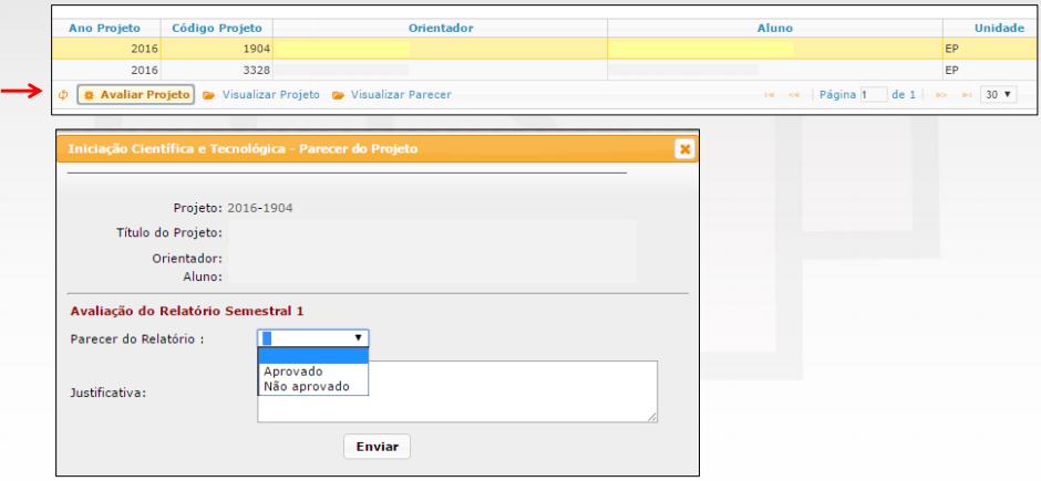 Após visualizar o relatório, selecione novamente o projeto e clique no botão Avaliar Projeto.