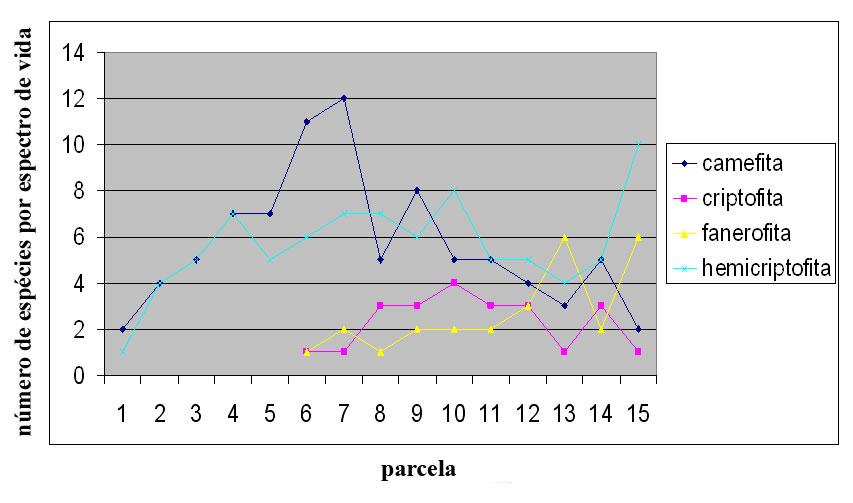 394 RESULTADOS E DISCUSSÃO Na comparação do gradiente desde dunas à vegetação de restinga, observamos que caméfitos e hemicriptófitos dominam as parcelas em ambiente de dunas.