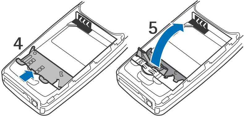 2. Para soltar o suporte do cartão SIM, puxe o gancho de bloqueio do suporte do cartão (4),
