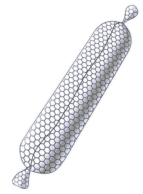 Gabião Tipo Saco Rede para Proteção de Encosta O Gabião Saco é constituído de um único pano de tela em malha hexagonal de dupla torção retangular que, no momento da montagem, é enrolado de modo a