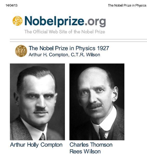 Compton 105 The Nobel Prize in Physics 1927 was divided equally between Arthur Holly Compton "for his discovery of the effect named after him" and Charles Thomson Rees Wilson "for his method of