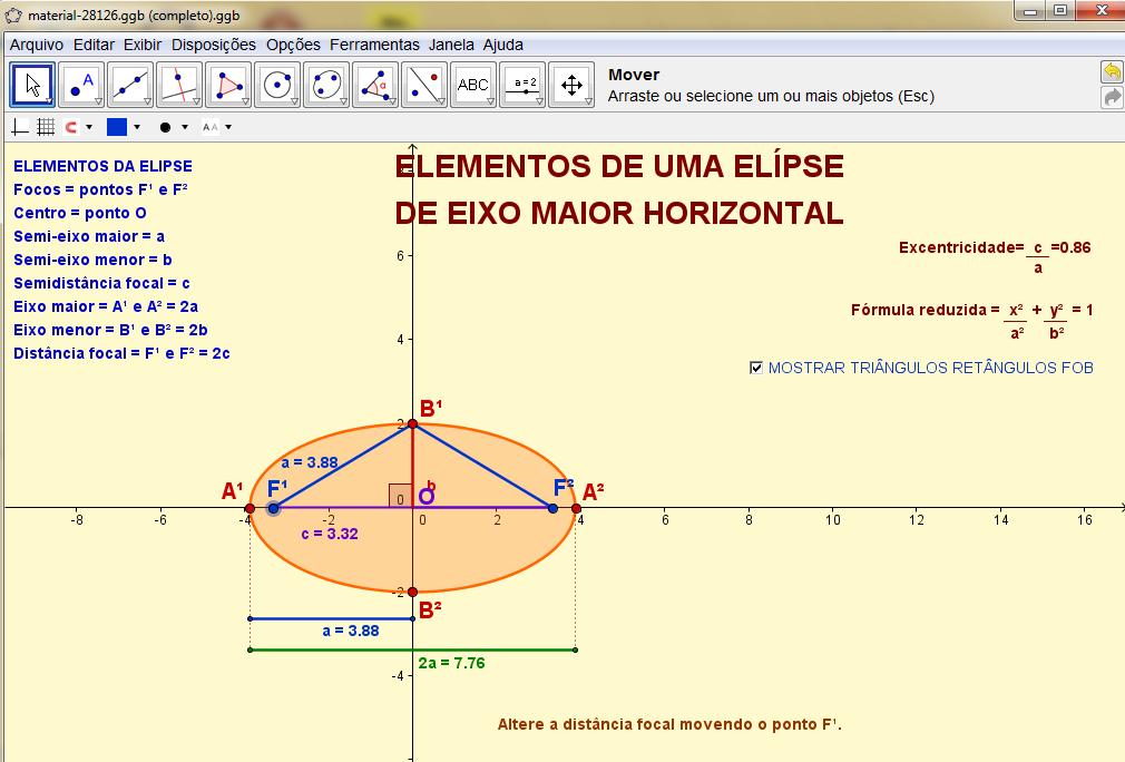 reconhecer seus elementos. Nesse sentido apresentamos a seguinte atividade: Figura 5: Exploração dos elementos da elipse no Geogebra.