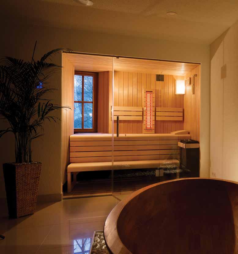 SAUNA Alaska conforto, tradição e modernidade Construção em madeira maciça de Abeto Estrado de madeira para o chão Porta em madeira, com janela ou frente totalmente em vidro Interior em madeira de