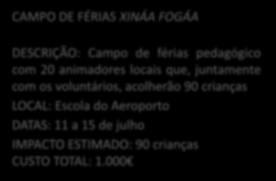 Equipa de julho CAMPO DE FÉRIAS XINÁA FOGÁA DESCRIÇÃO: Campo de férias pedagógico com 20 animadores locais que, juntamente com os voluntários, acolherão 90 crianças LOCAL: