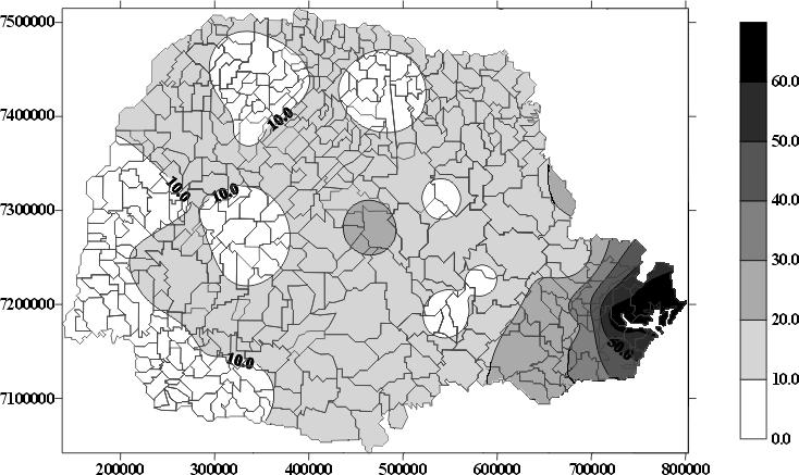 Sampaio et al 49 Figura 4. Precipitação provável do primeiro, segundo e terceiro decêndios do mês de janeiro (Estado do Paraná).